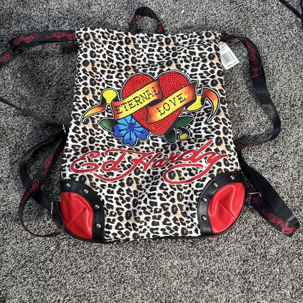 NWT Ed Hardy Y2K Eternal Love Leopard Print Drawstring Backpack Rhinestone Heart